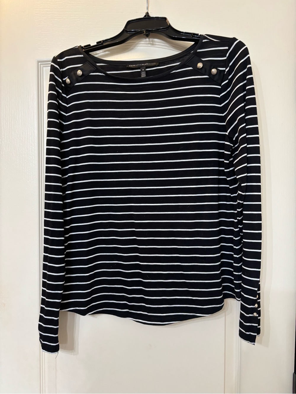 WHBM Black & White Striped Long-Sleeve Crewneck Top with Button Shoulder Detail